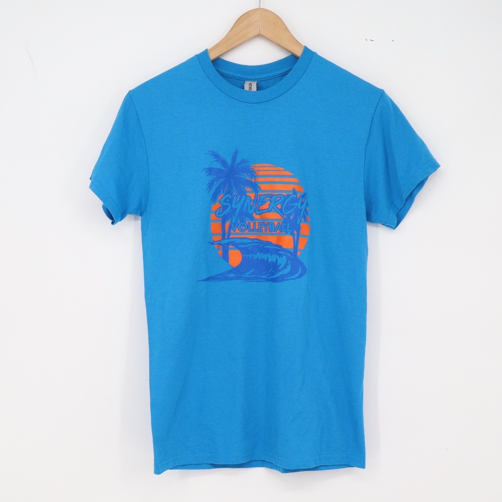 Gildan T-Shirt Unisex S DryBlend Blue Synergy Volleyball Graphic Excellent
